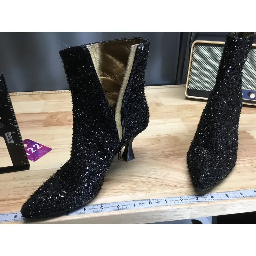 Pedro Anton Women's 6.5 Black Sequin Zipper Pointed Toe Flared Heel Ankle Boots